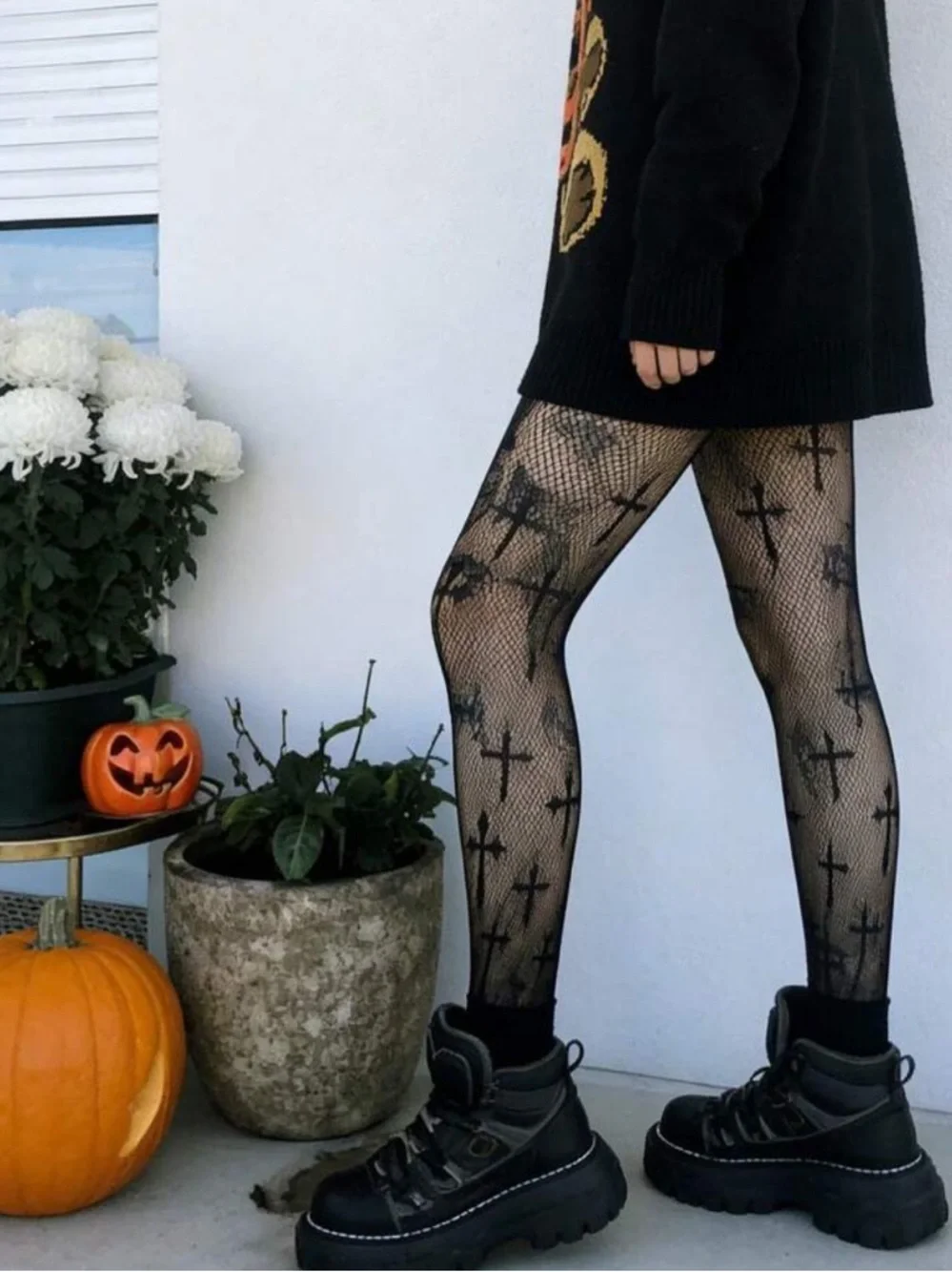 Black Cross Fishnet Tights